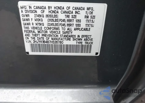 2007 Honda Ridgeline Rts z USA, uszkodzony, nr VIN 2HJYK16487H526780